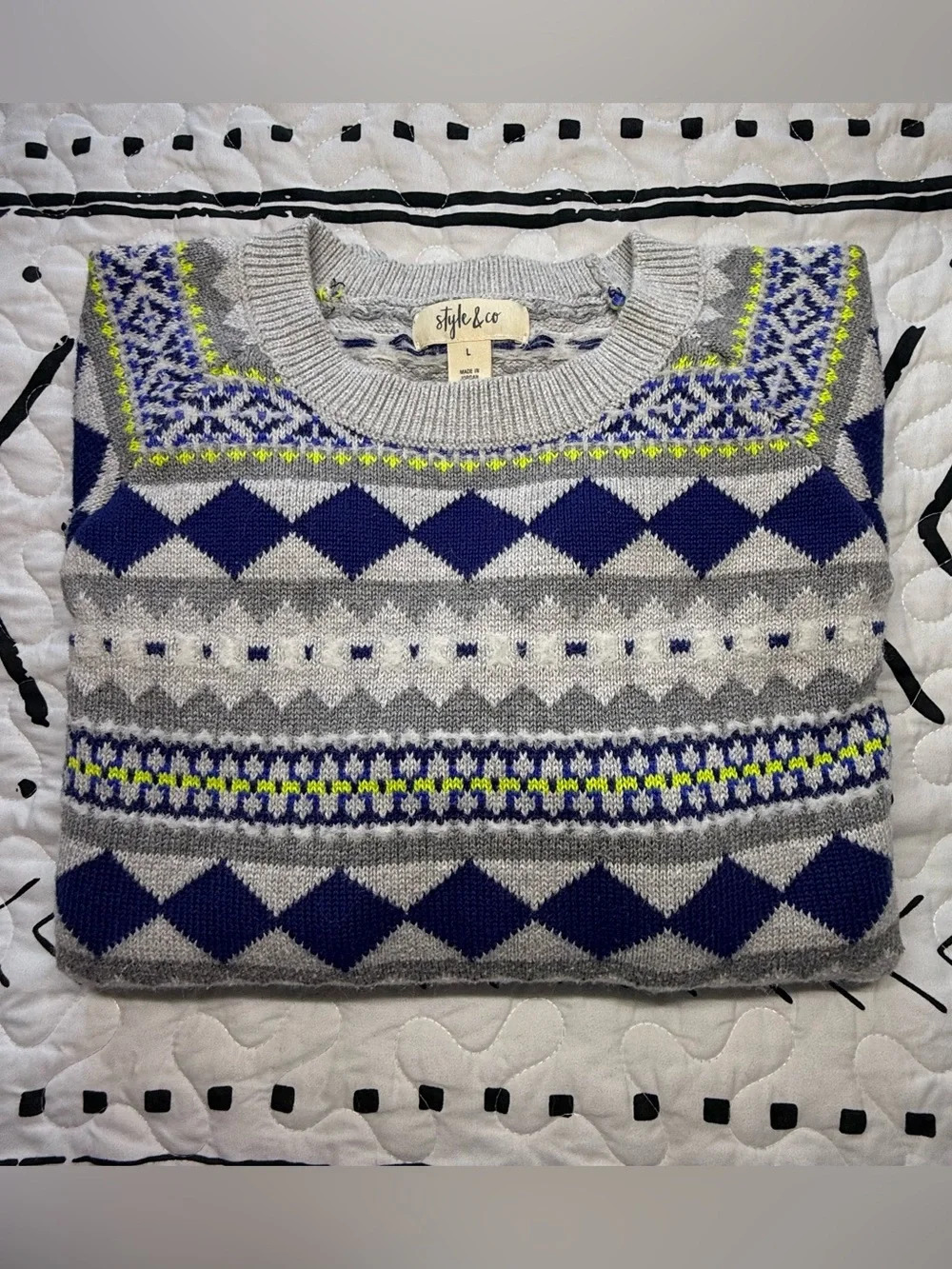 Style & Co. Gray and Navy Fair Isle Sweater - Picture 5 of 8